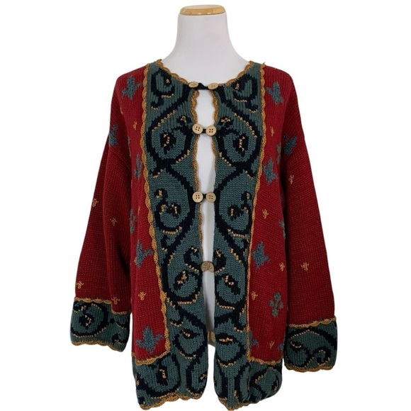 Carole Little Knitwear Button Up Cardigan Sweater Women’s L Colorful Art Fleur - Picture 1 of 16